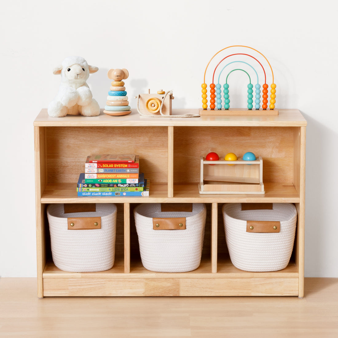Rubber Wood 5-Compartment Montessori Shelf