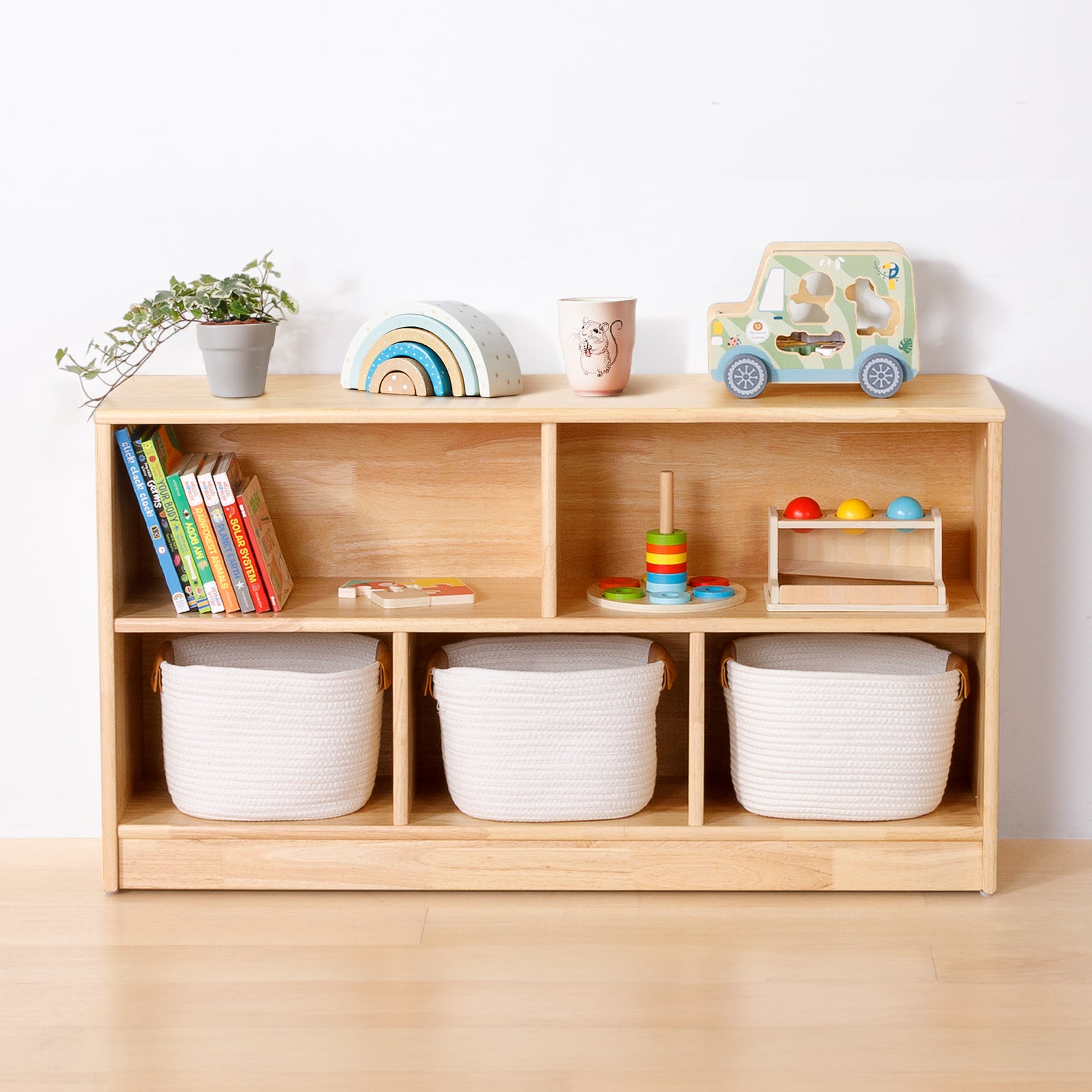 Rubber Wood 5-Compartment Montessori Shelf