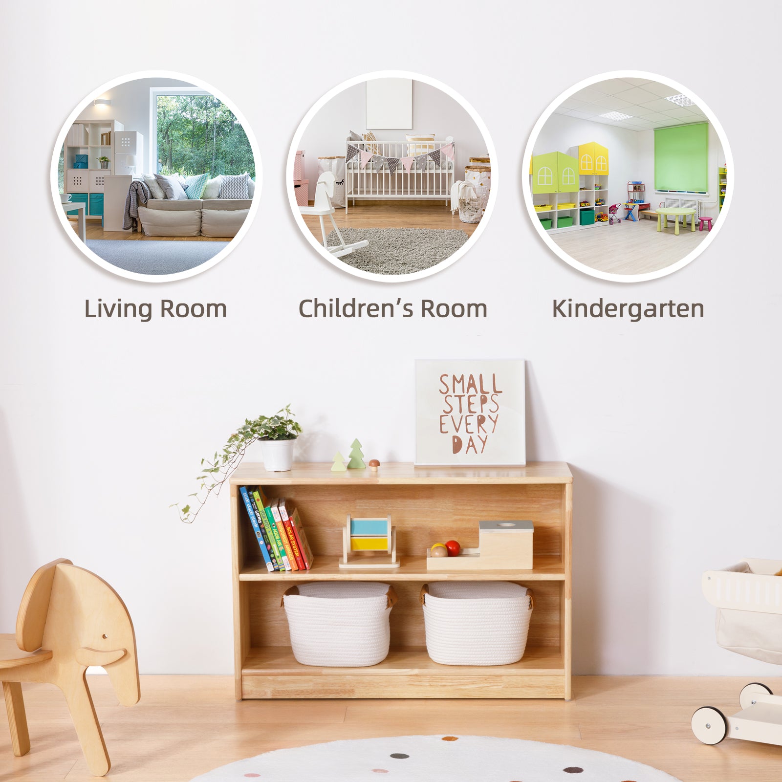Rubber Wood 2-Compartment Montessori Shelf