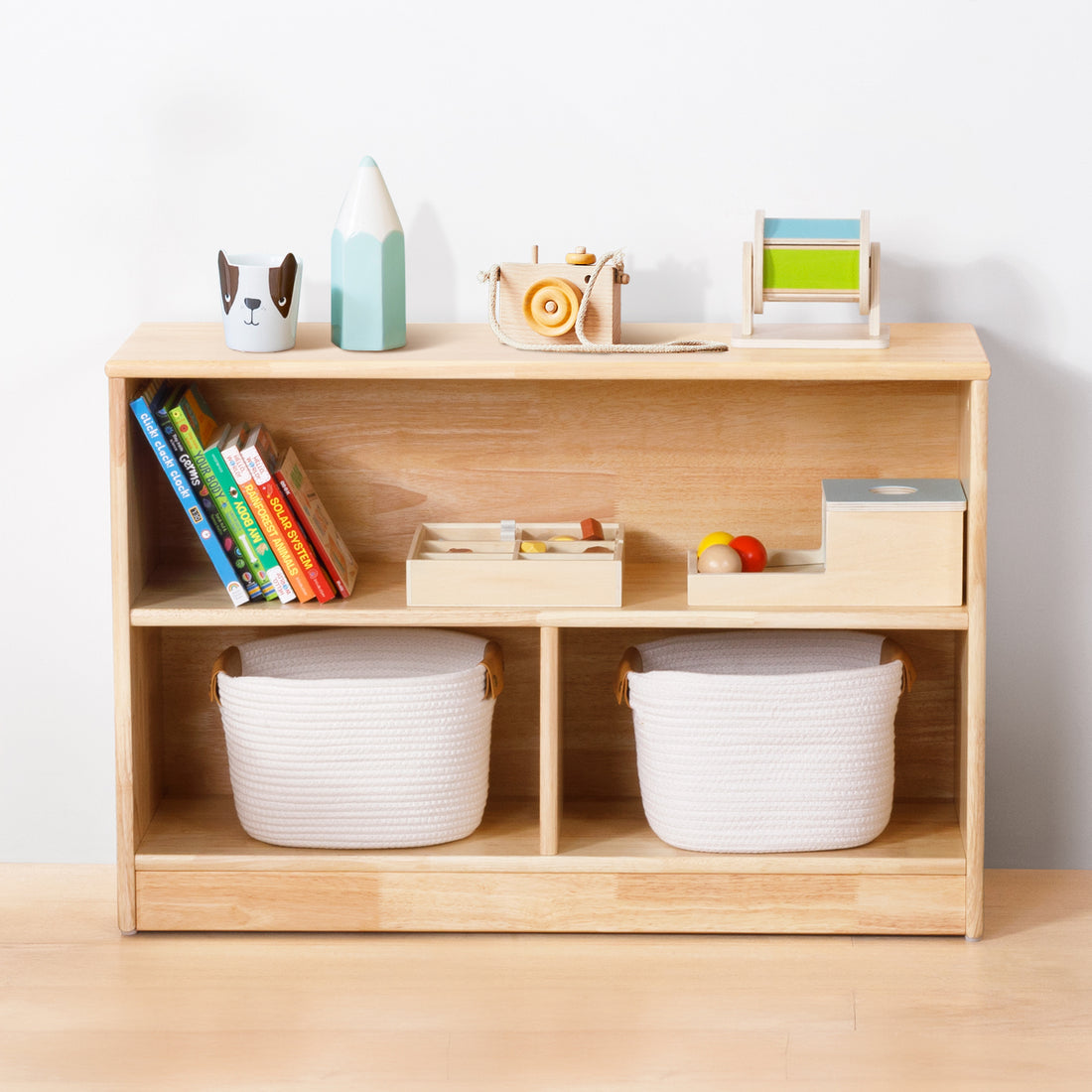Rubber Wood 3-Compartment Montessori Shelf