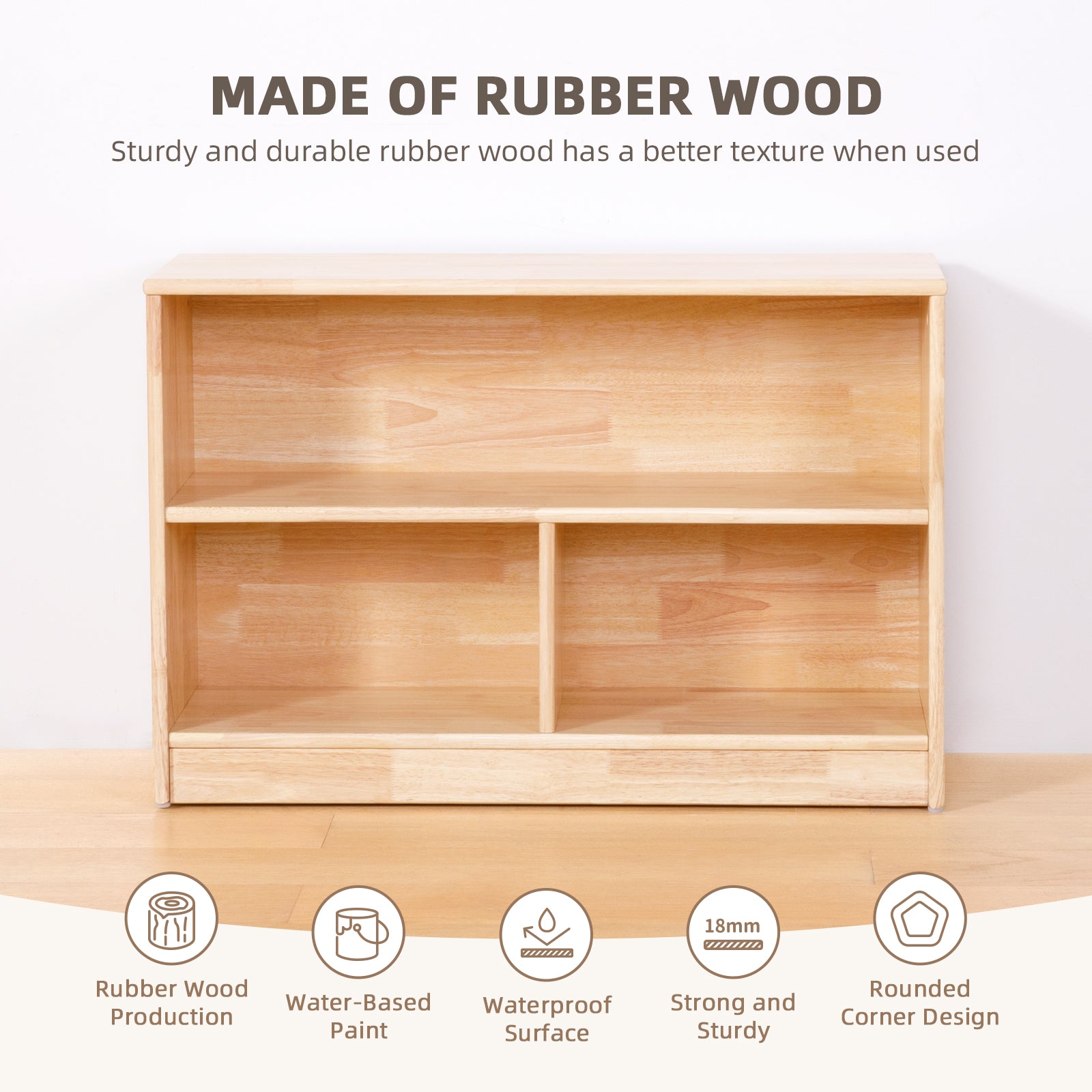 Rubber Wood 3-Compartment Montessori Shelf