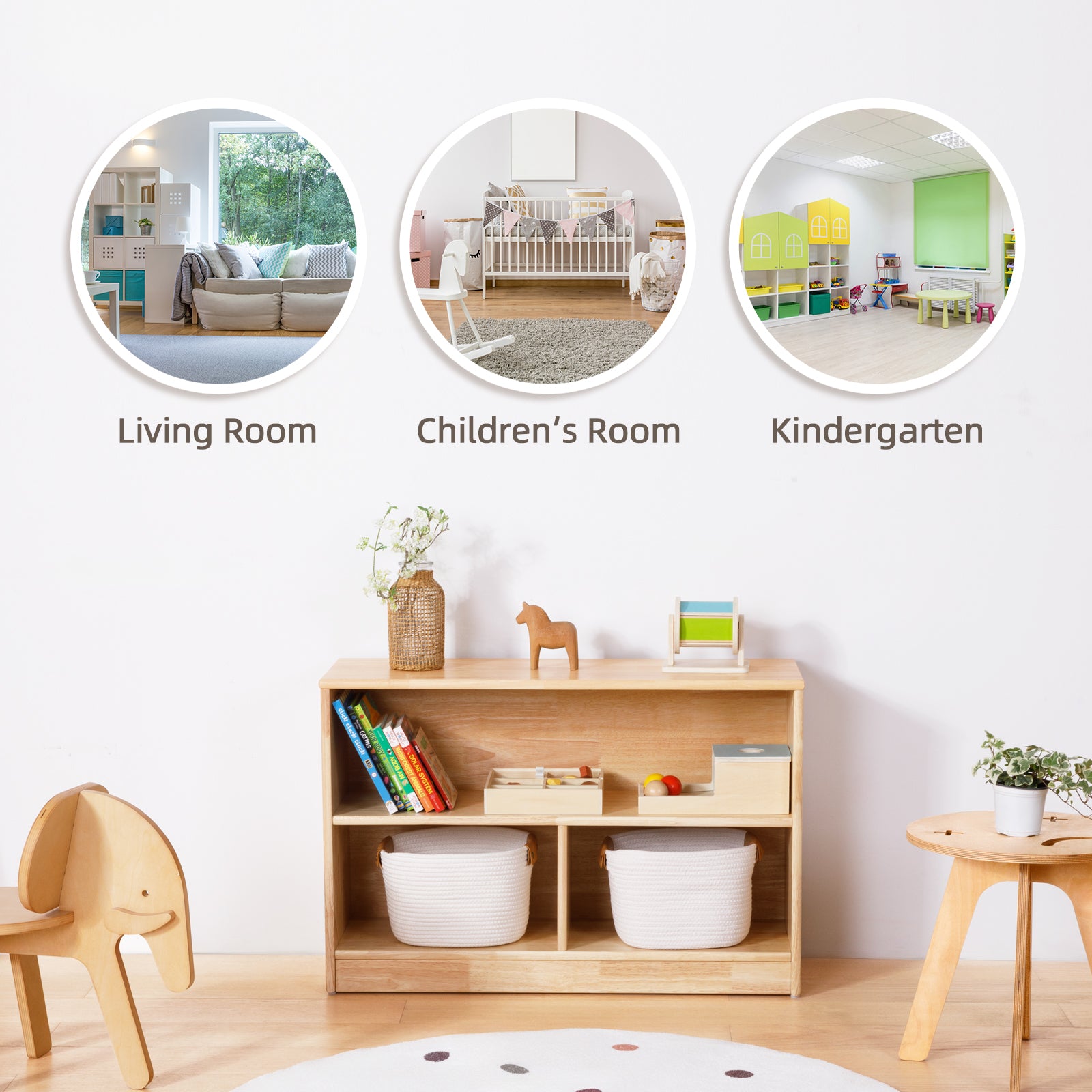 Rubber Wood 3-Compartment Montessori Shelf