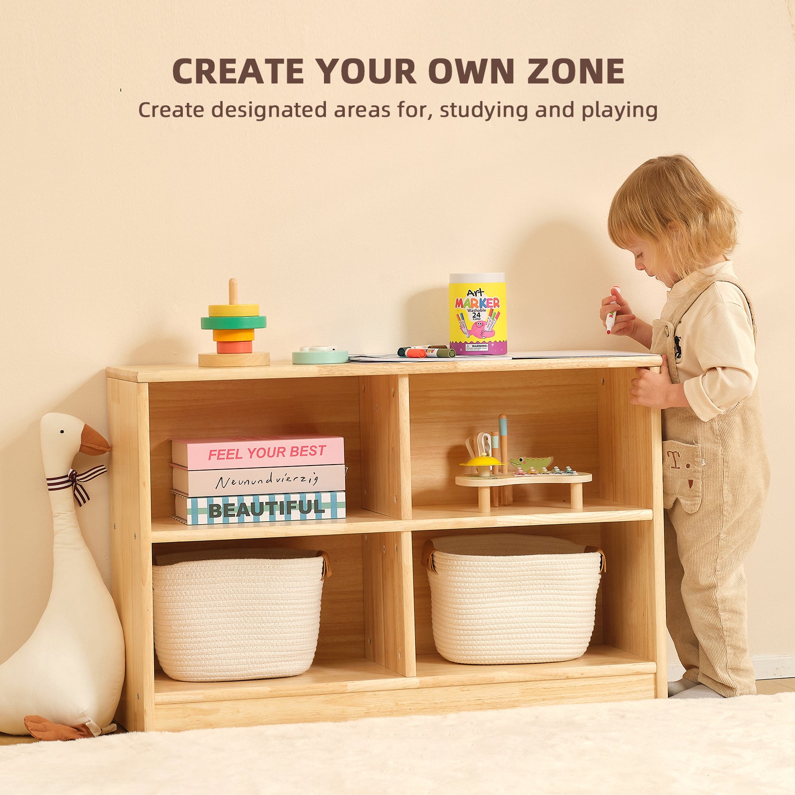 Rubber Wood 4-Compartment Montessori Shelf