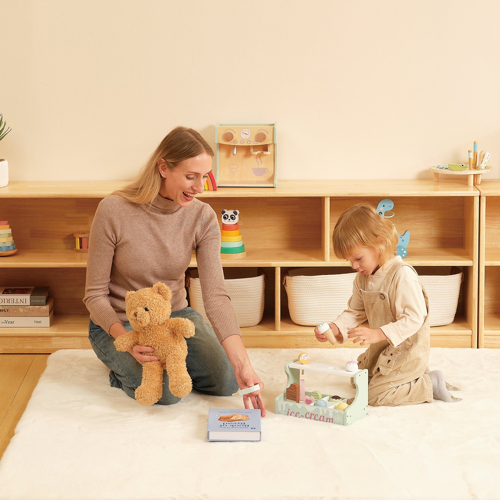 Rubber Wood 4-Compartment Montessori Shelf