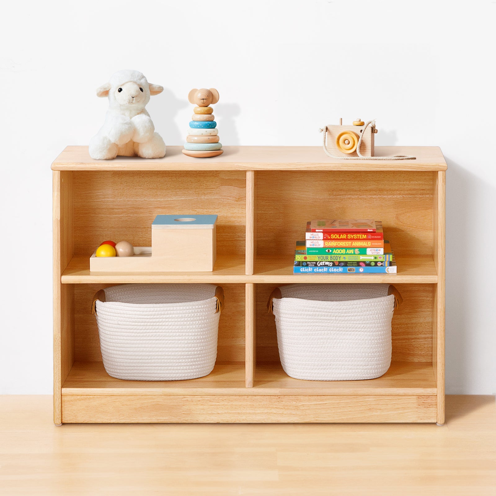 Rubber Wood 4-Compartment Montessori Shelf