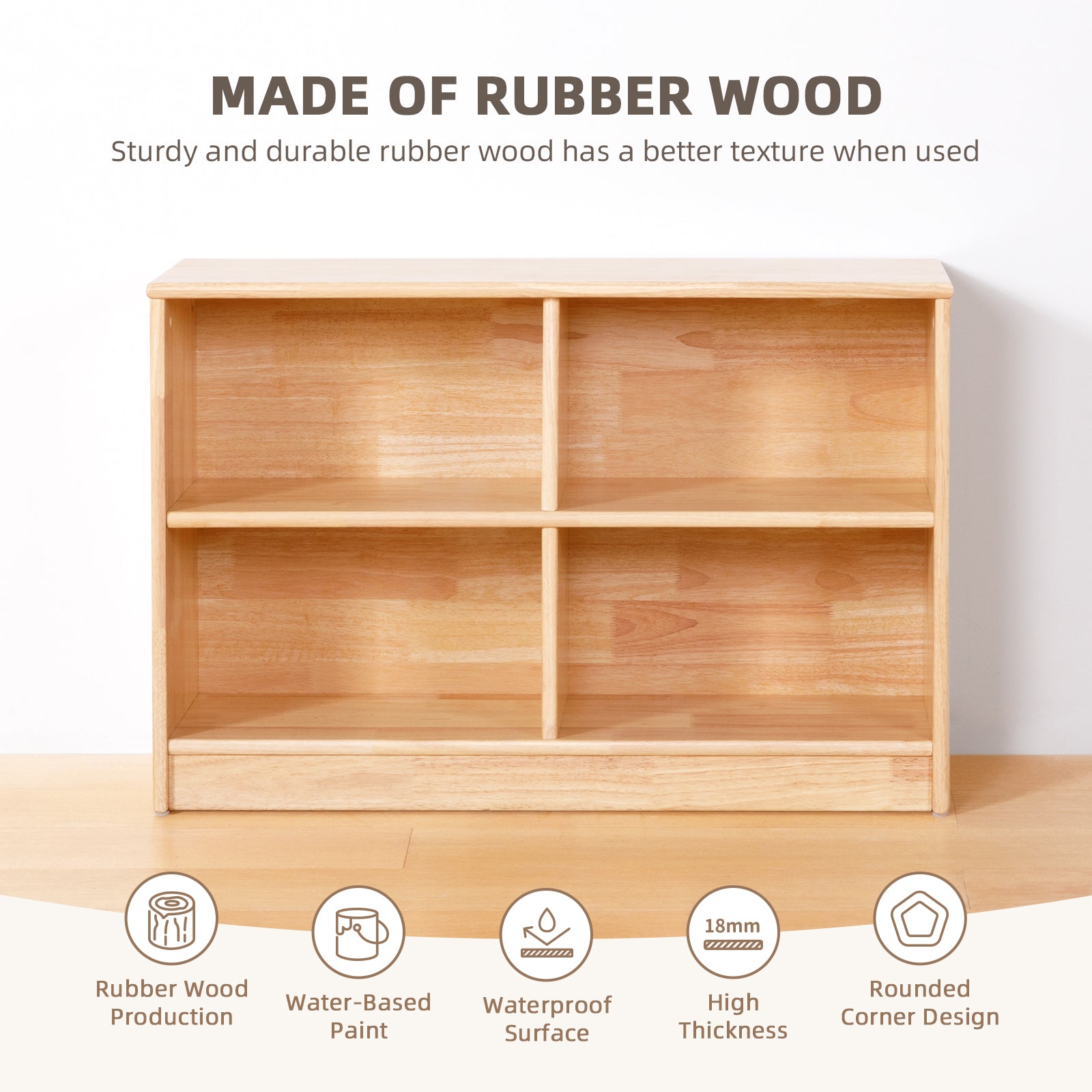 Rubber Wood 4-Compartment Montessori Shelf