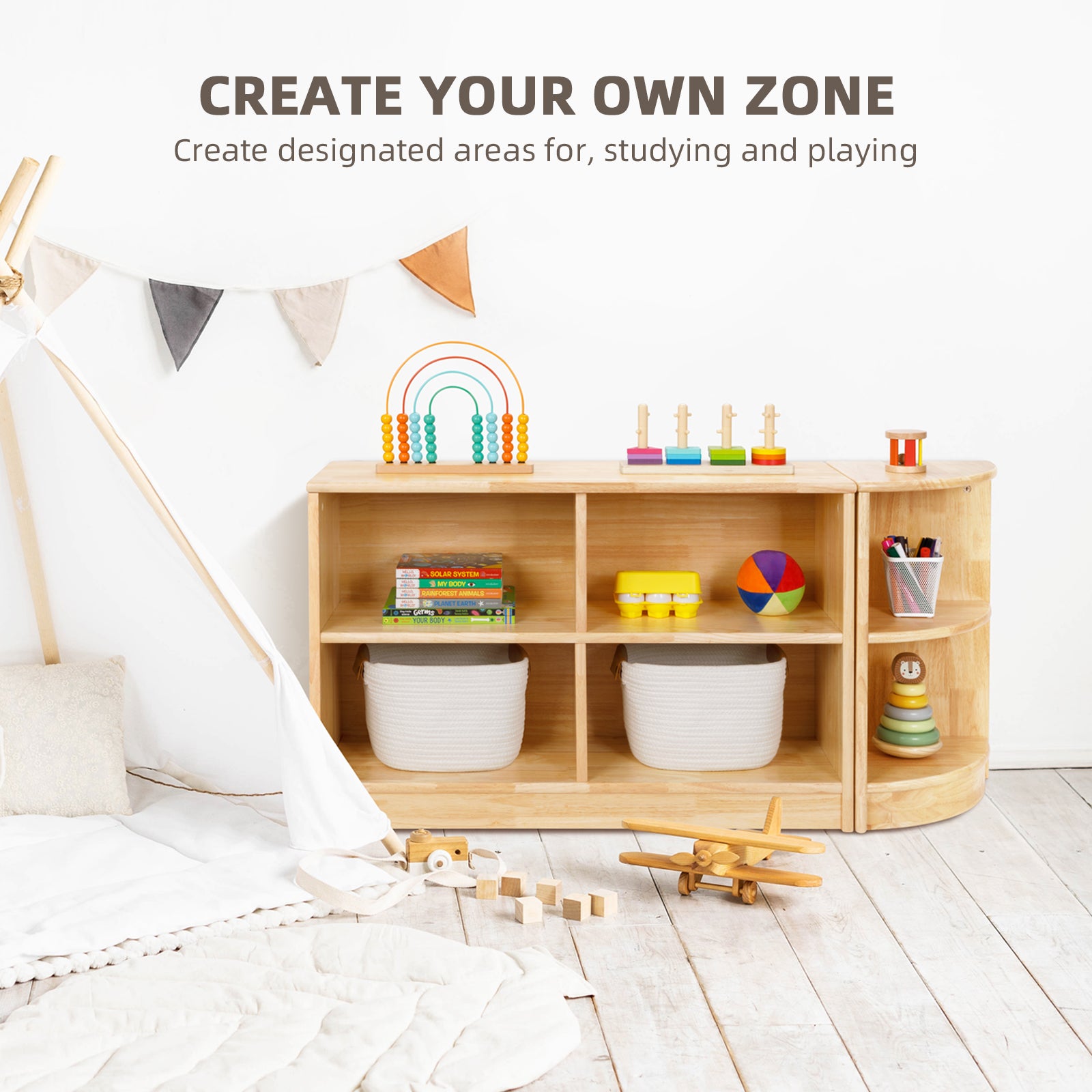 Rubber Wood 4-Compartment Montessori Shelf