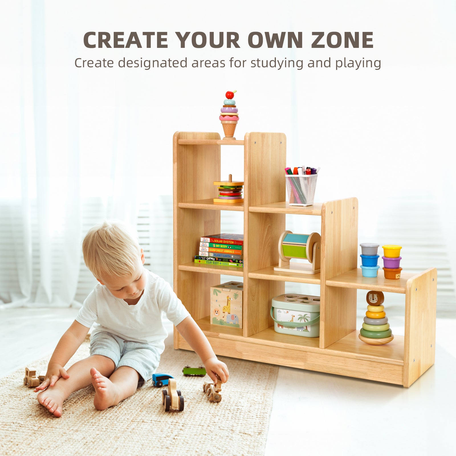 Rubber Wood 6 Cube Storage Organizer, Ladder Corner Shelf