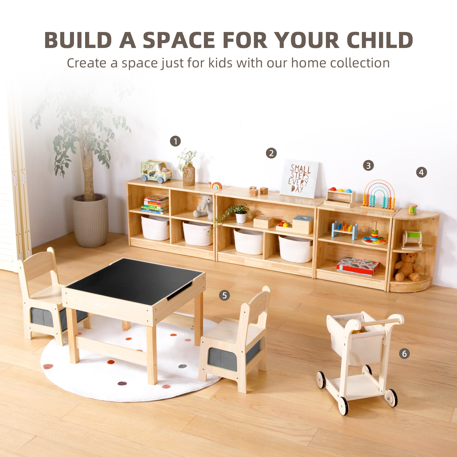Rubber Wood 4-Compartment Montessori Shelf