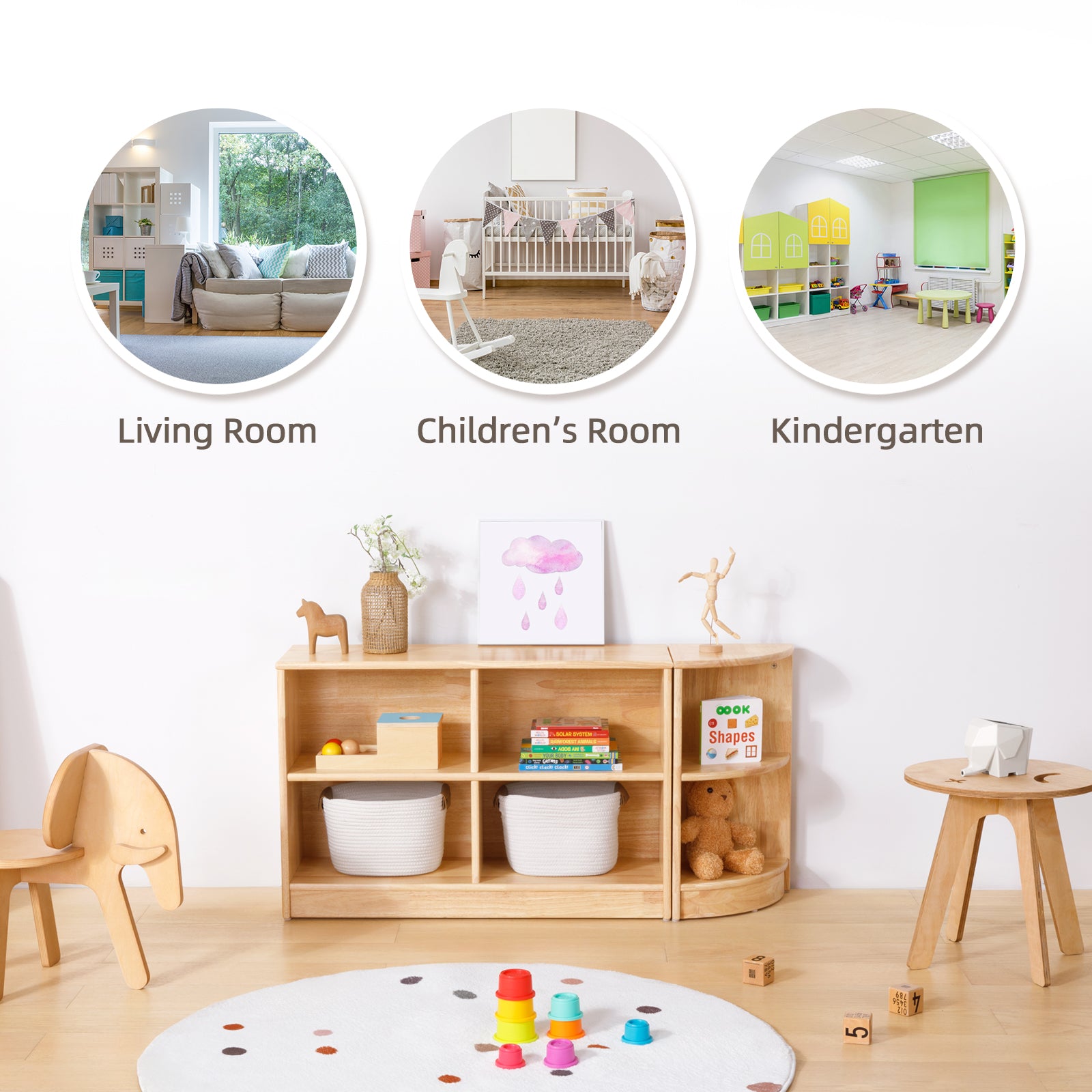 Rubber Wood 4-Compartment Montessori Shelf