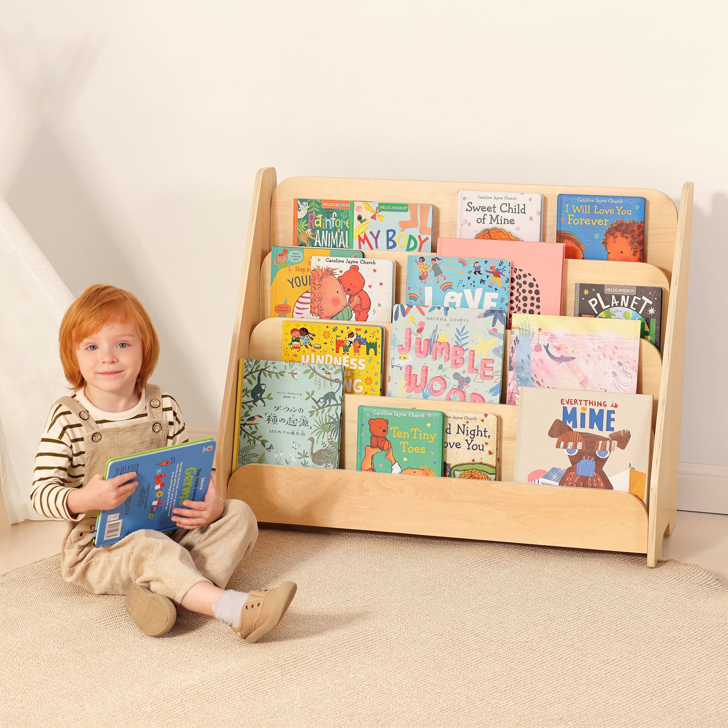 Kids Bookshelf, Wooden 4-Tier Front Facing Book Display Shelf for Kids