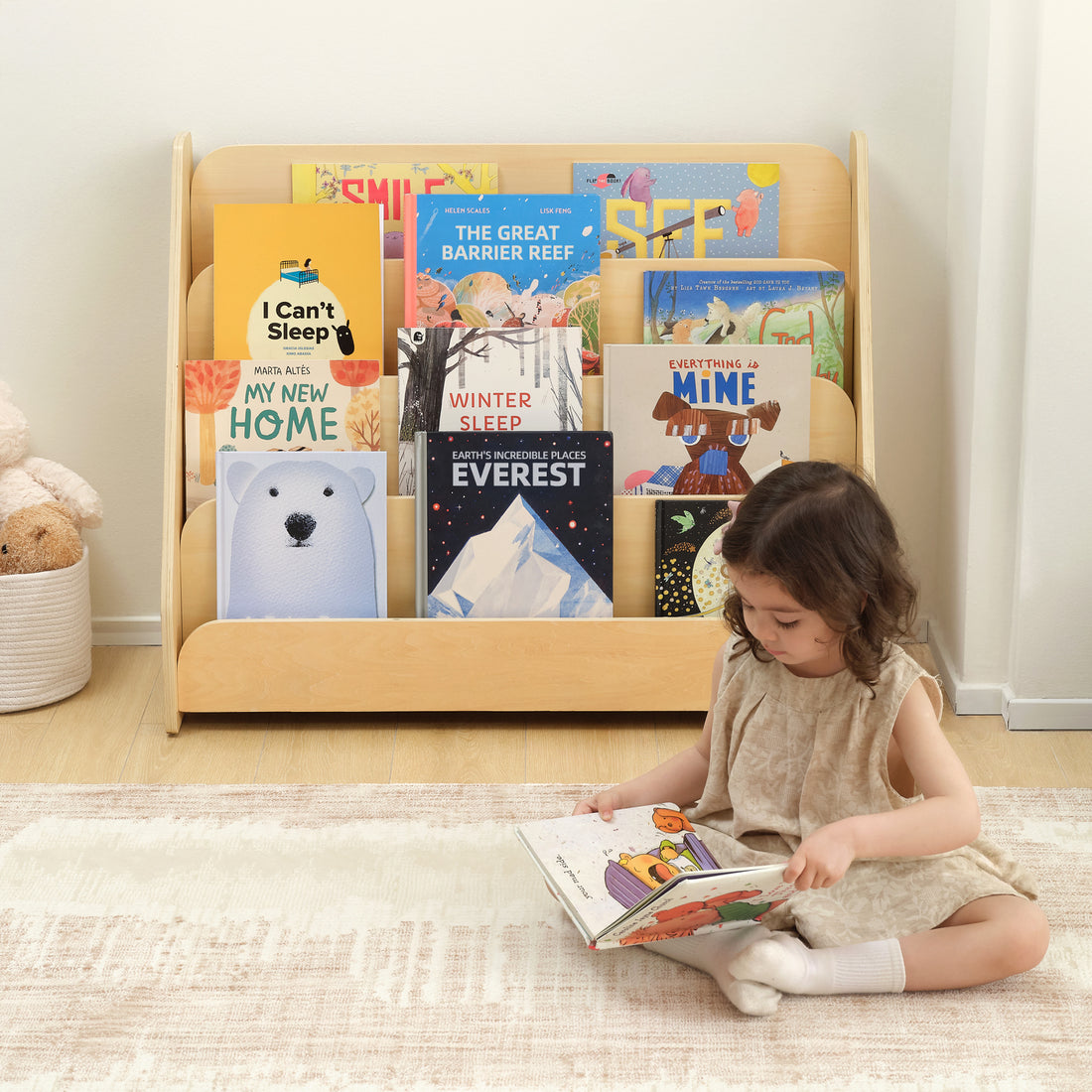 OOOK Kids Wooden 4-Tier Bookshelf,Front Facing Book Display Shelf