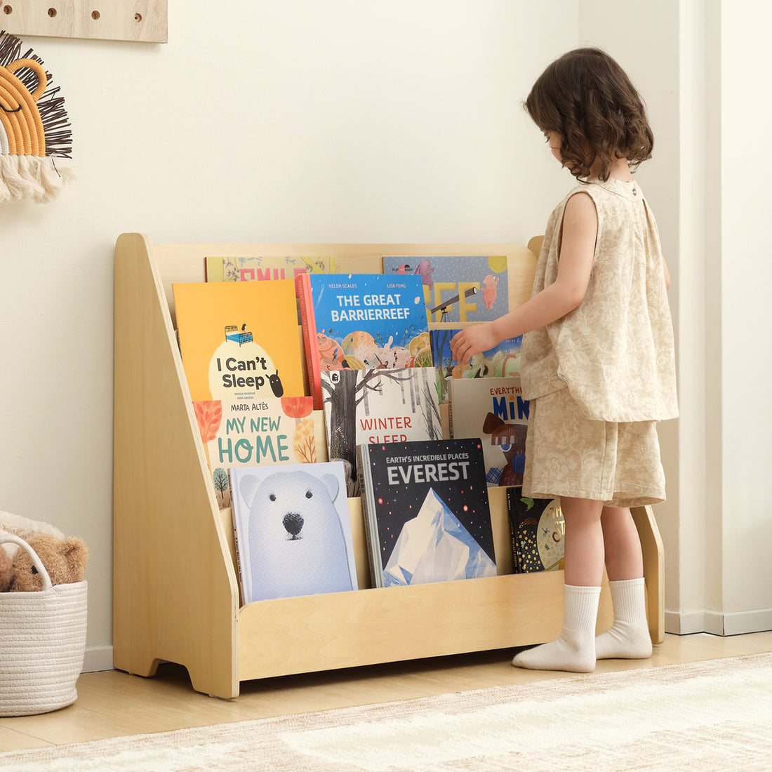 OOOK Kids Wooden 4-Tier Bookshelf,Front Facing Book Display Shelf