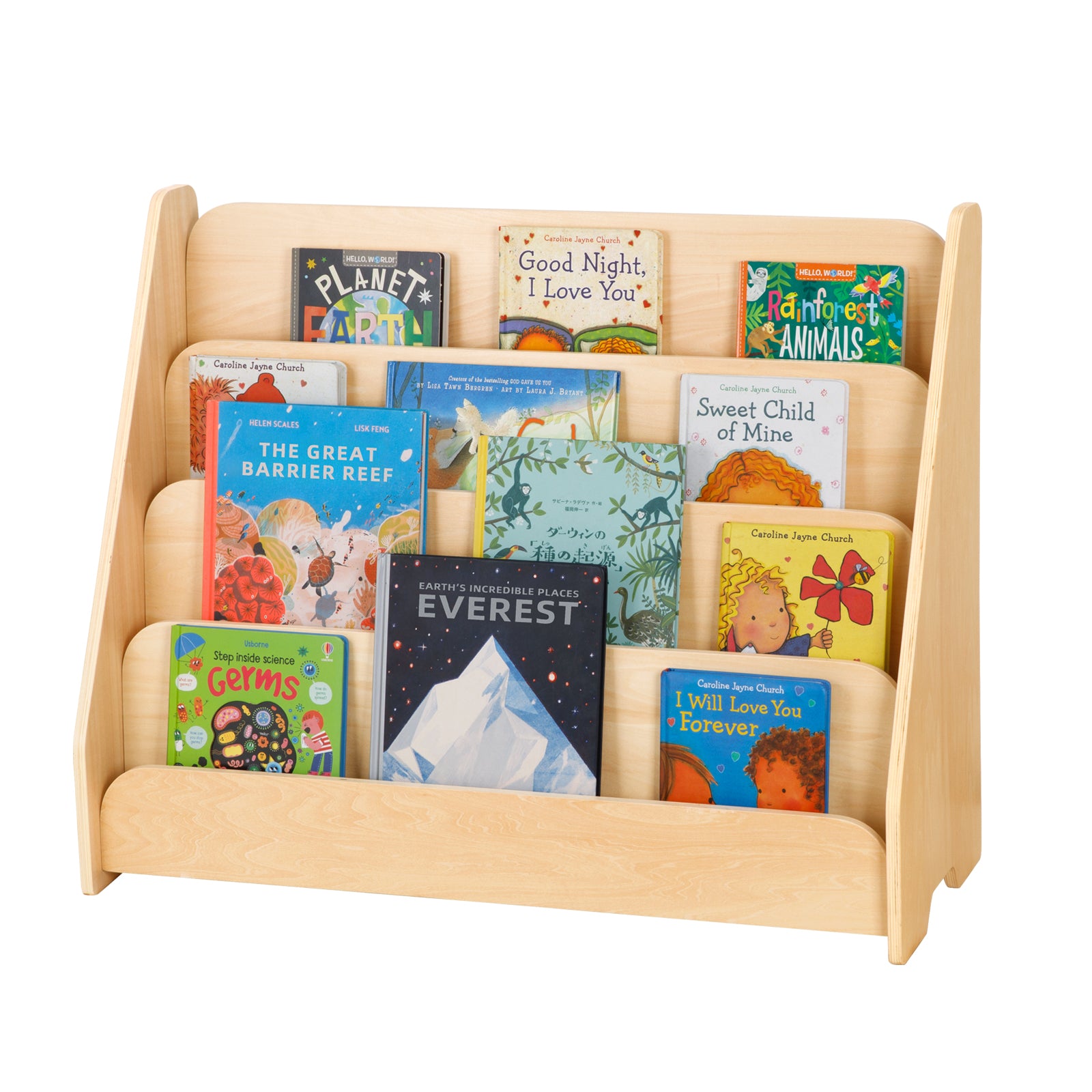 Kids Bookshelf, Wooden 4-Tier Front Facing Book Display Shelf for Kids