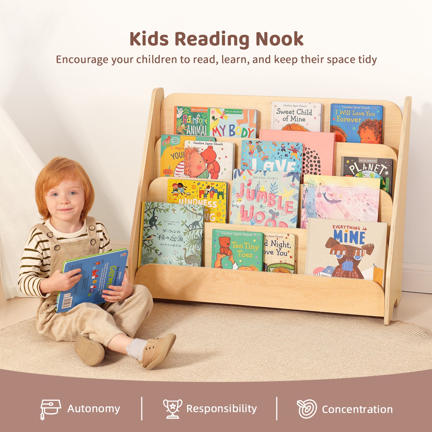 Kids Bookshelf, Wooden 4-Tier Front Facing Book Display Shelf for Kids