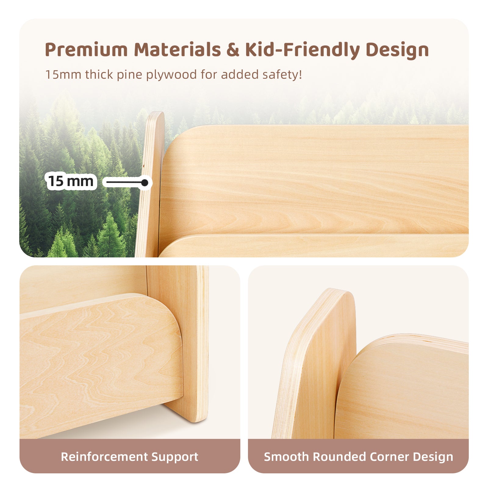 Kids Bookshelf, Wooden 4-Tier Front Facing Book Display Shelf for Kids