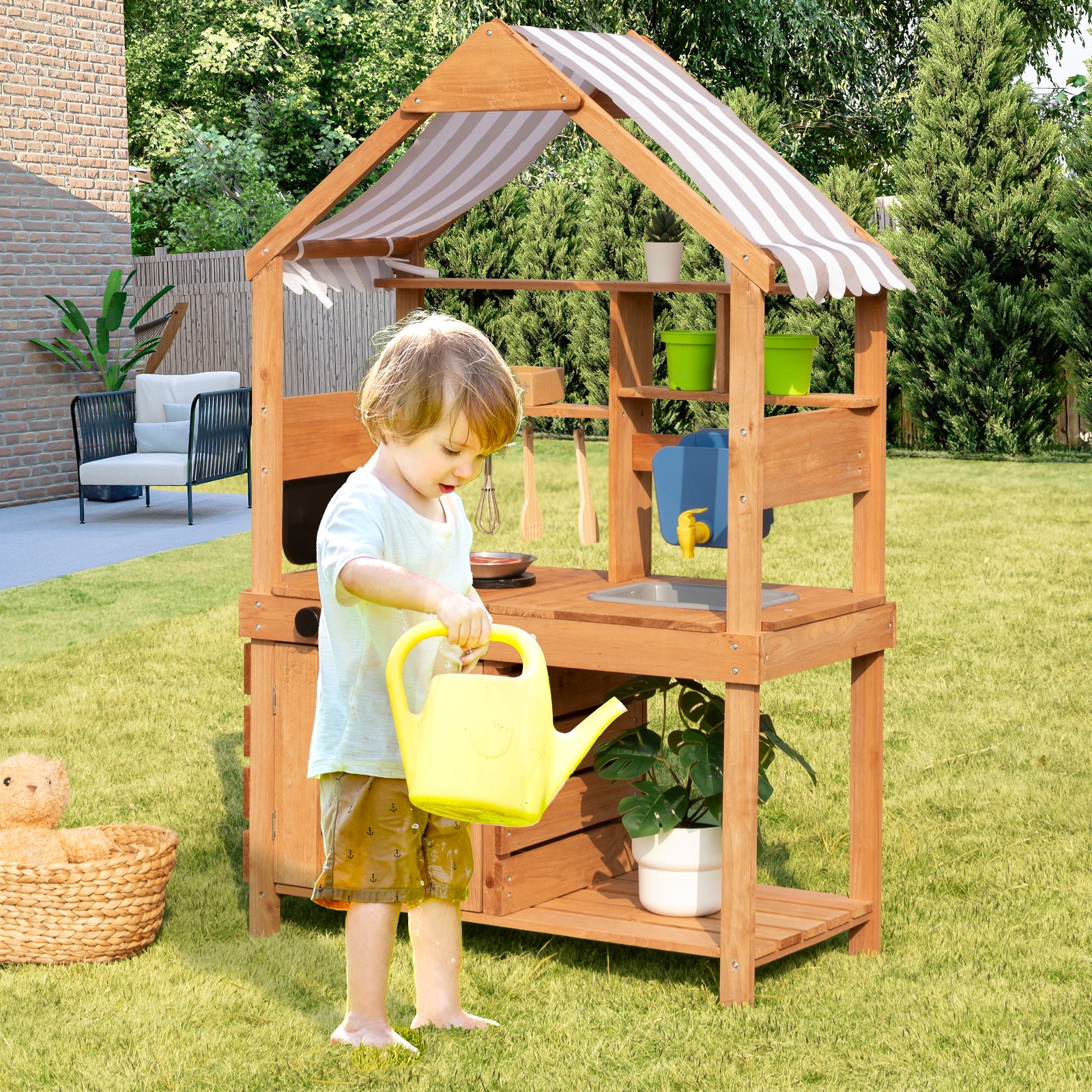 OOOK Mud Kitchen for Kids Outdoor,Solid Fir Wood Kids Kitchen Playset