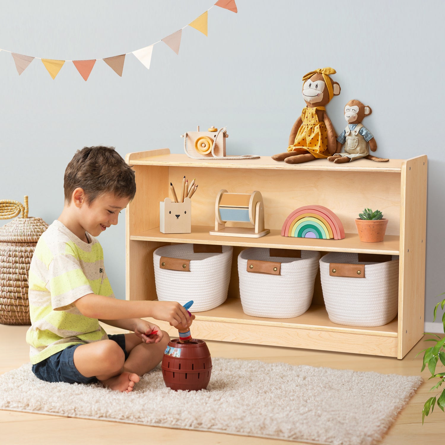 OOOK Plywood Montessori Shelf, Toy Organizers and Storage, 2-Tier Toddler Bookshelf