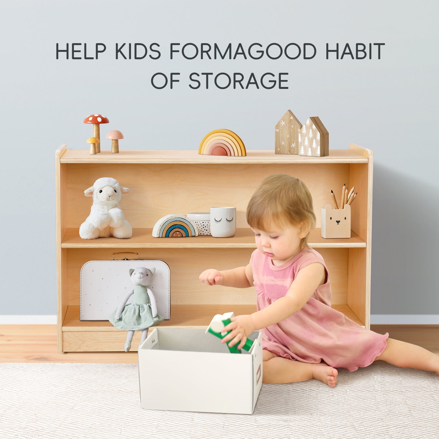 OOOK Plywood Montessori Shelf, Toy Organizers and Storage, 2-Tier Toddler Bookshelf