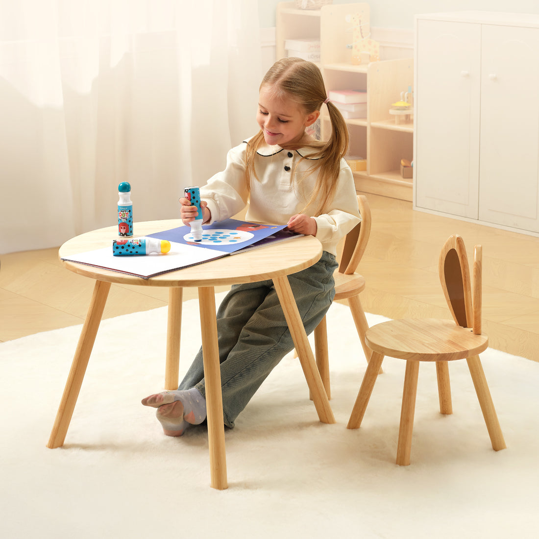 Rubberwood Kids Table and Chair Set, Natural Wood