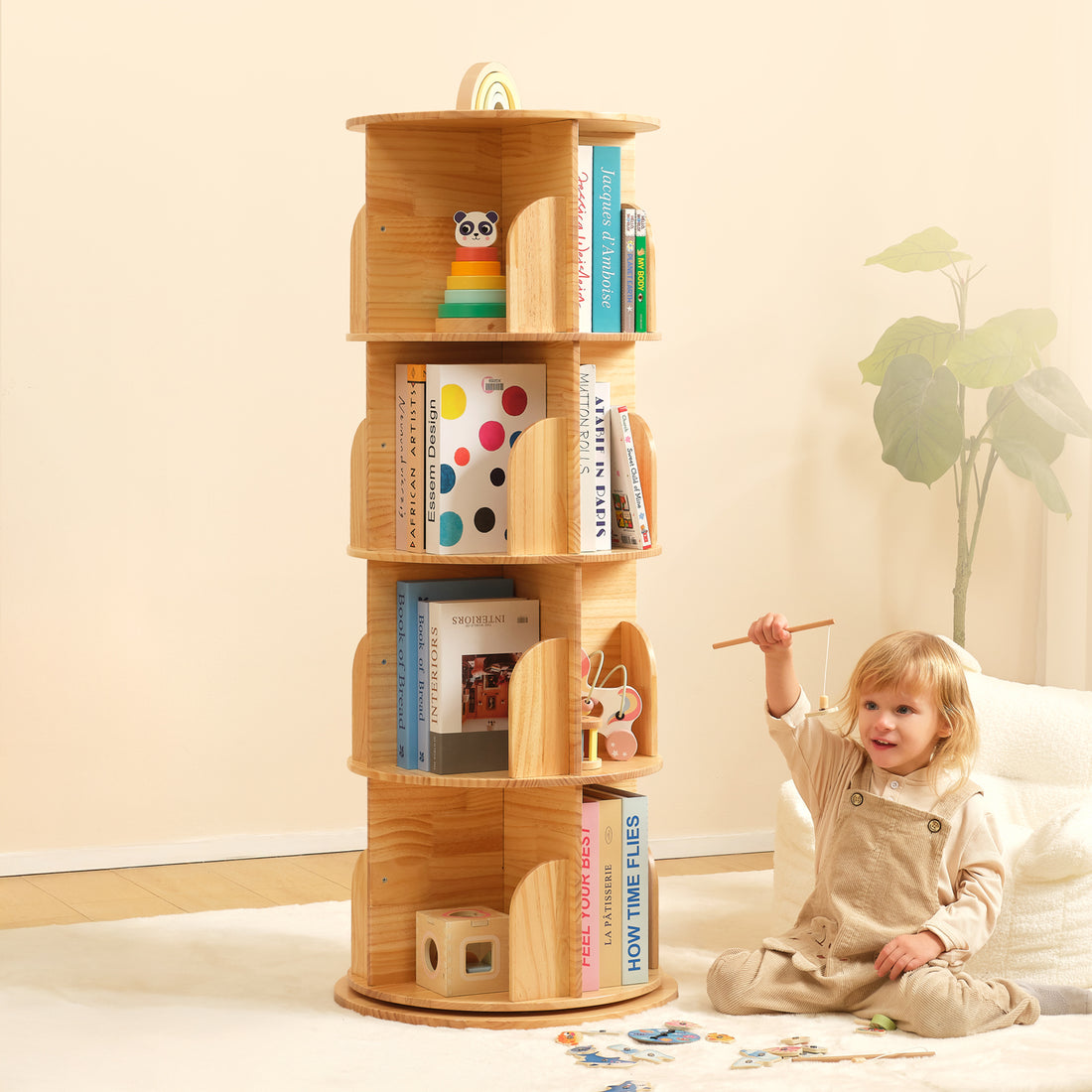 Solid Wood Rotating Bookshelf for Kids
