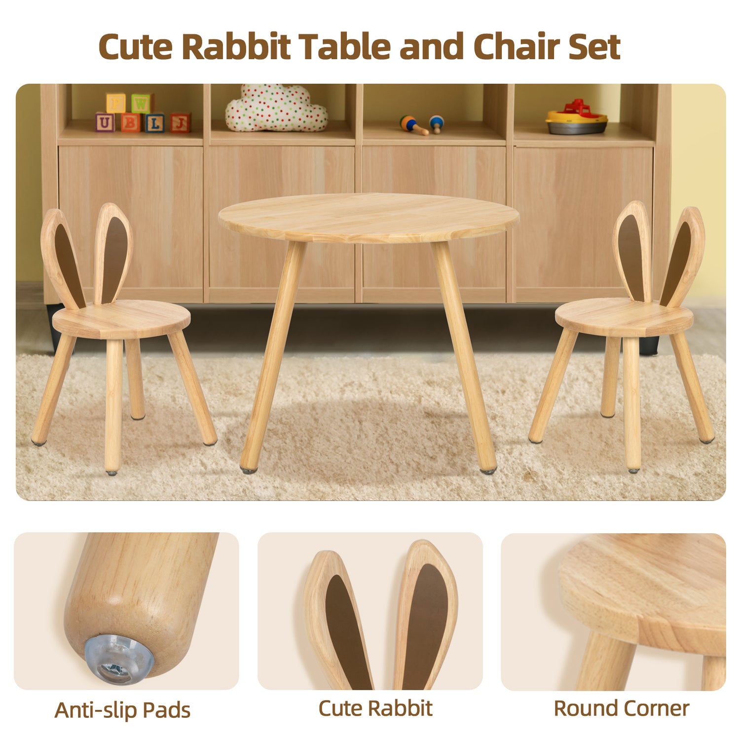 Rubberwood Kids Table and Chair Set, Natural Wood