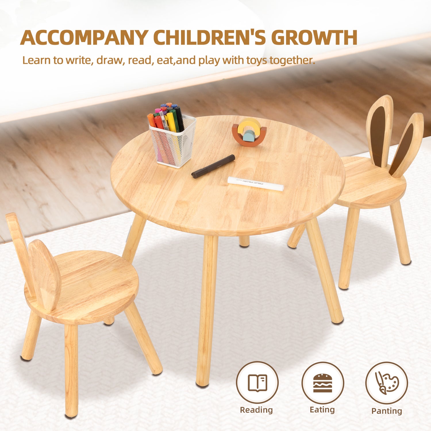 Rubberwood Kids Table and Chair Set, Natural Wood