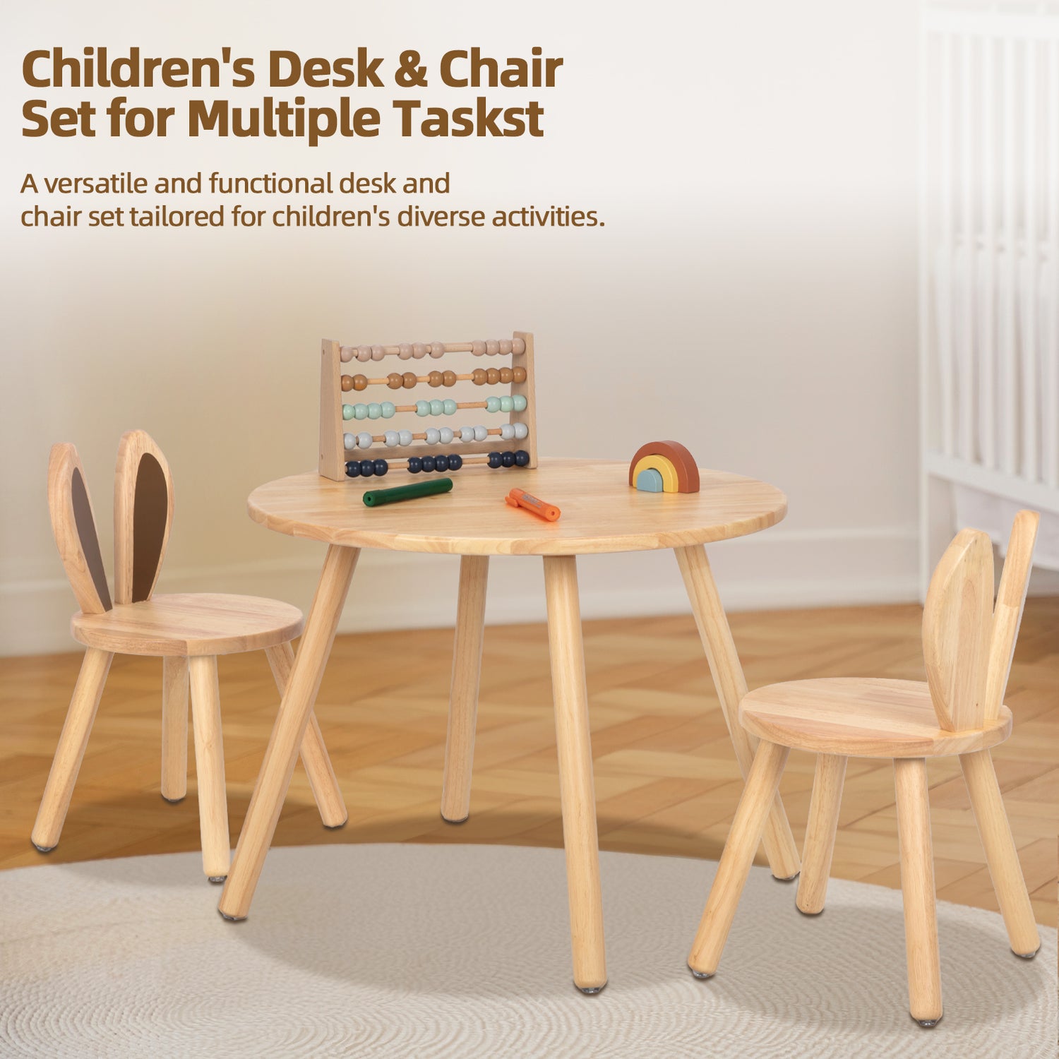 Rubberwood Kids Table and Chair Set, Natural Wood