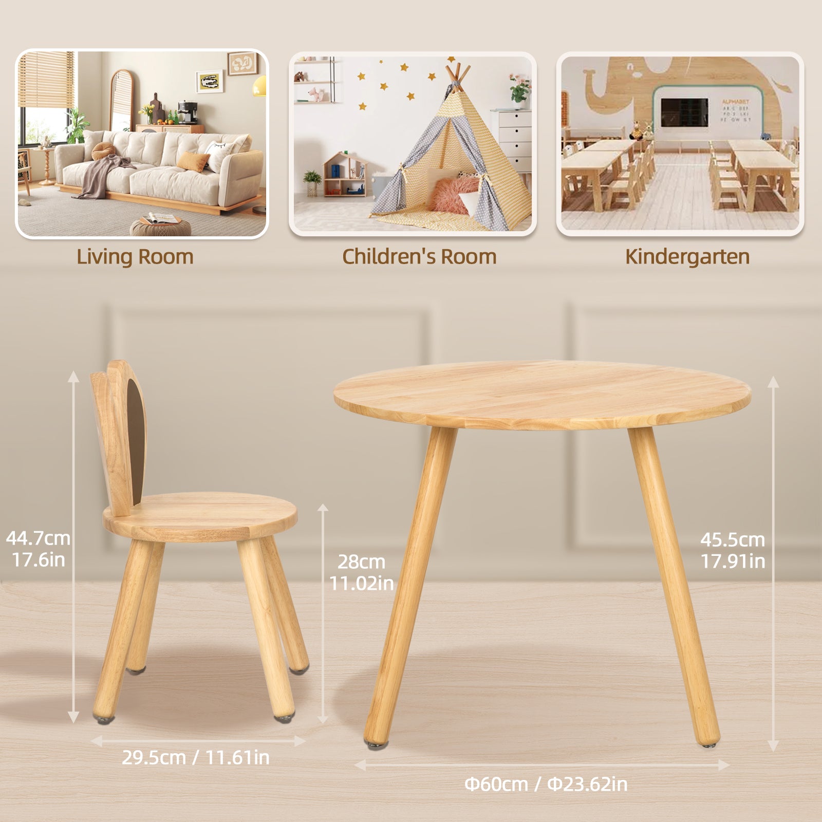 Rubberwood Kids Table and Chair Set, Natural Wood
