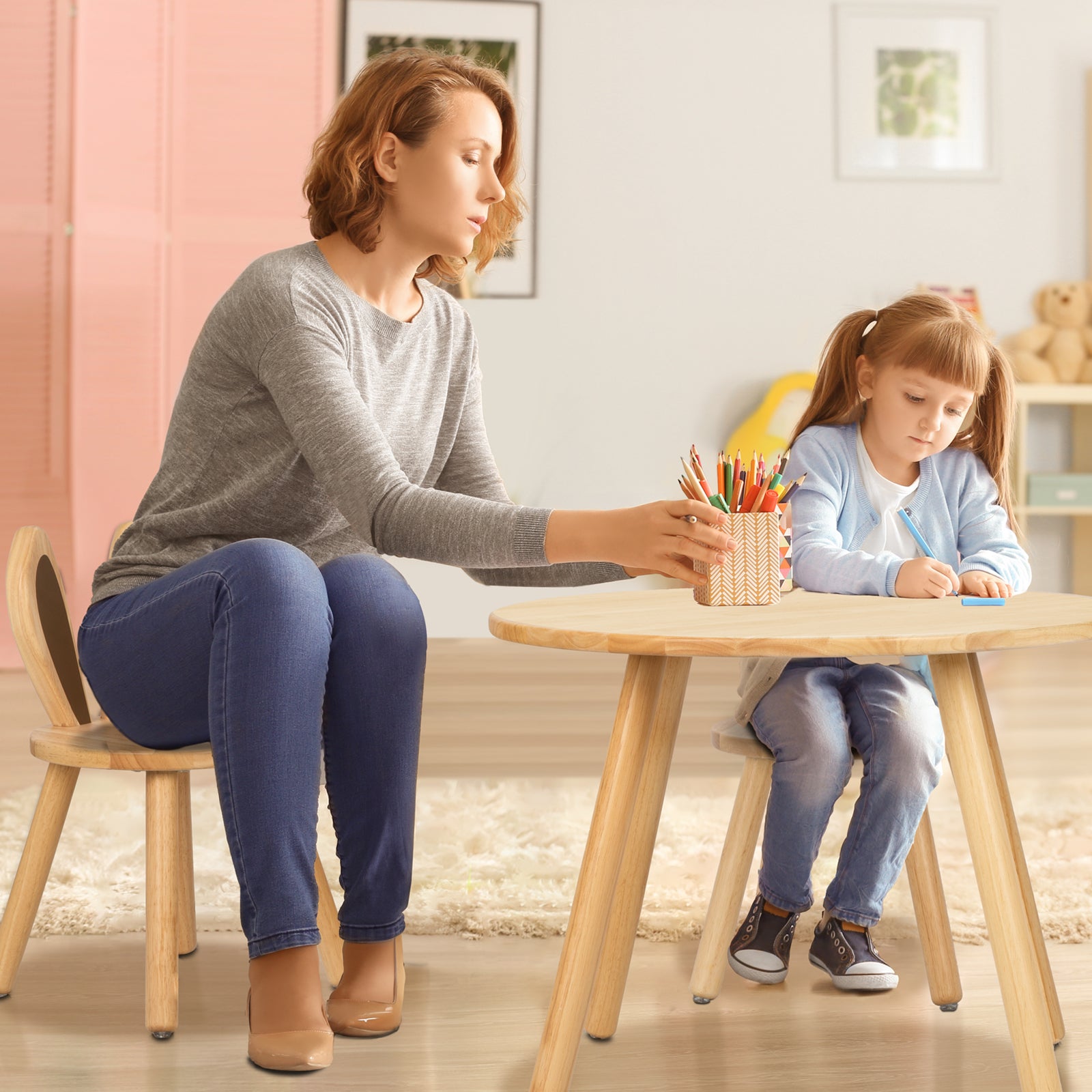 Rubberwood Kids Table and Chair Set, Natural Wood
