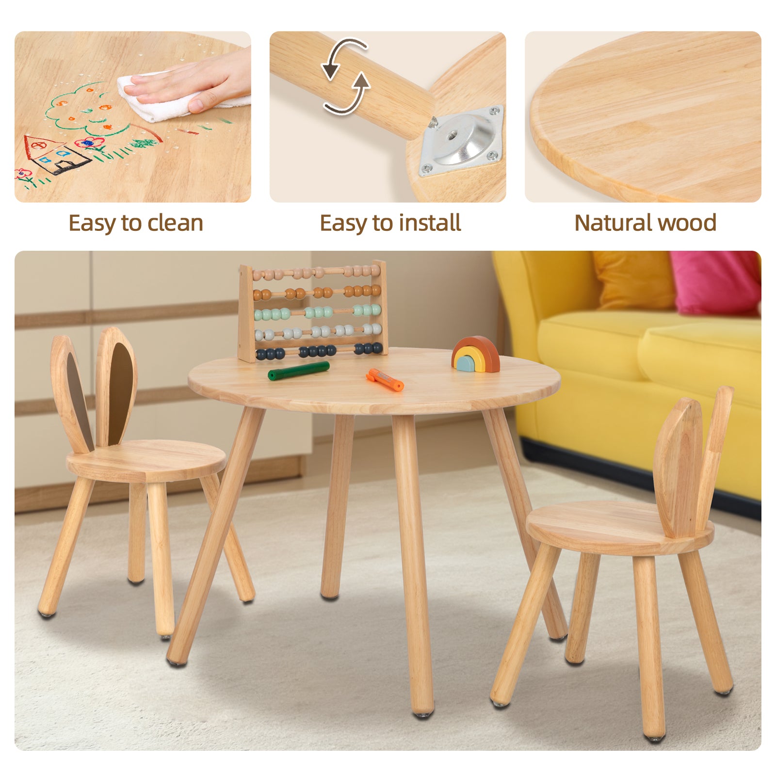 Rubberwood Kids Table and Chair Set, Natural Wood