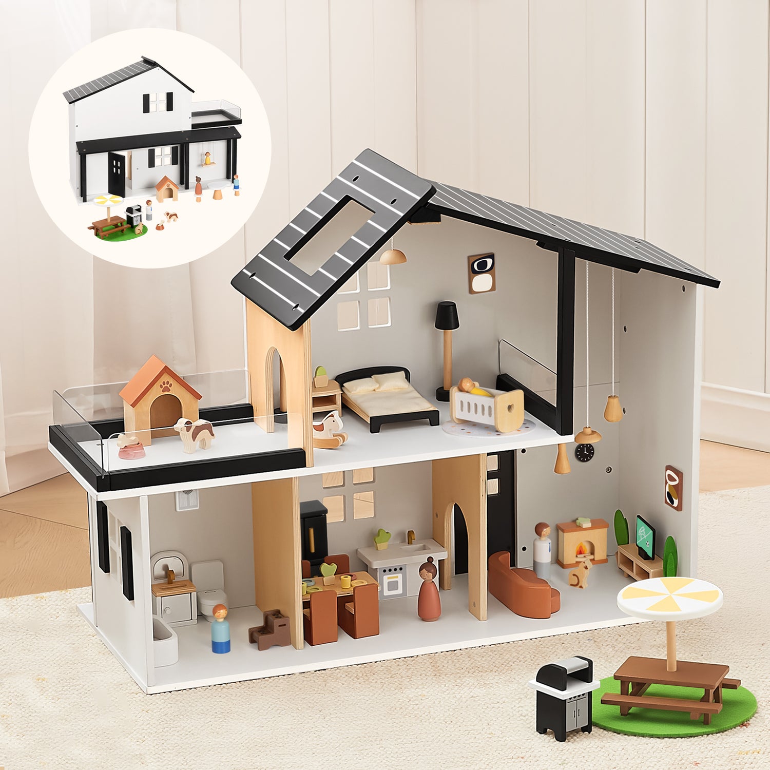 OOOK Wooden Dollhouse, Modern Doll House with 66Pcs Luxurious Furniture Accessories