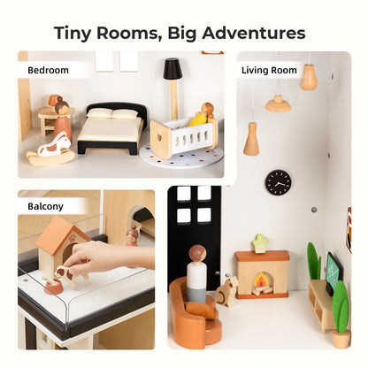 OOOK Wooden Dollhouse, Modern Doll House with 66Pcs Luxurious Furniture Accessories