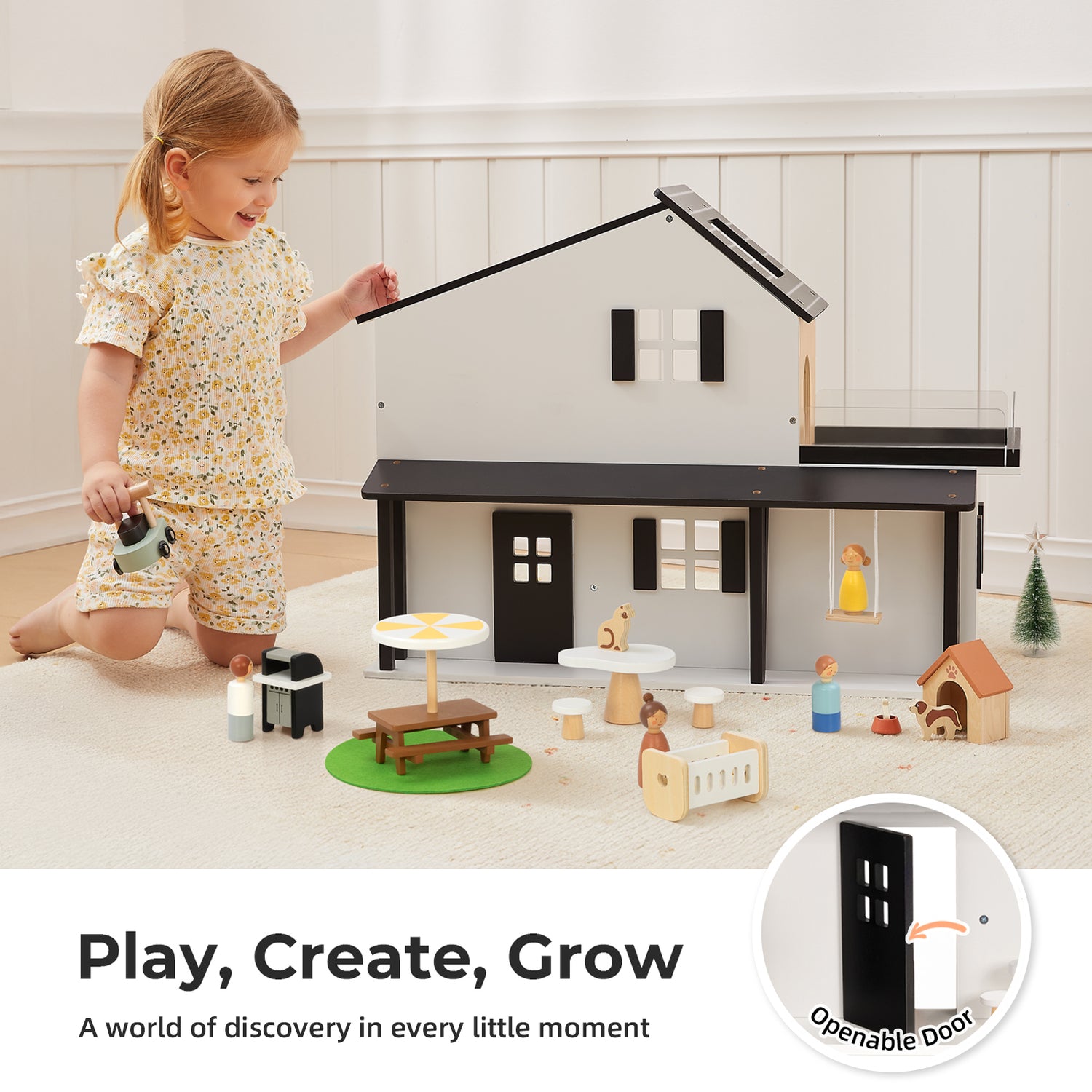 OOOK Wooden Dollhouse, Modern Doll House with 66Pcs Luxurious Furniture Accessories