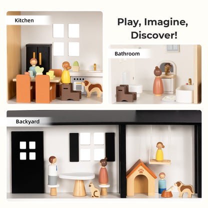 OOOK Wooden Dollhouse, Modern Doll House with 66Pcs Luxurious Furniture Accessories