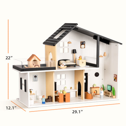 OOOK Wooden Dollhouse, Modern Doll House with 66Pcs Luxurious Furniture Accessories