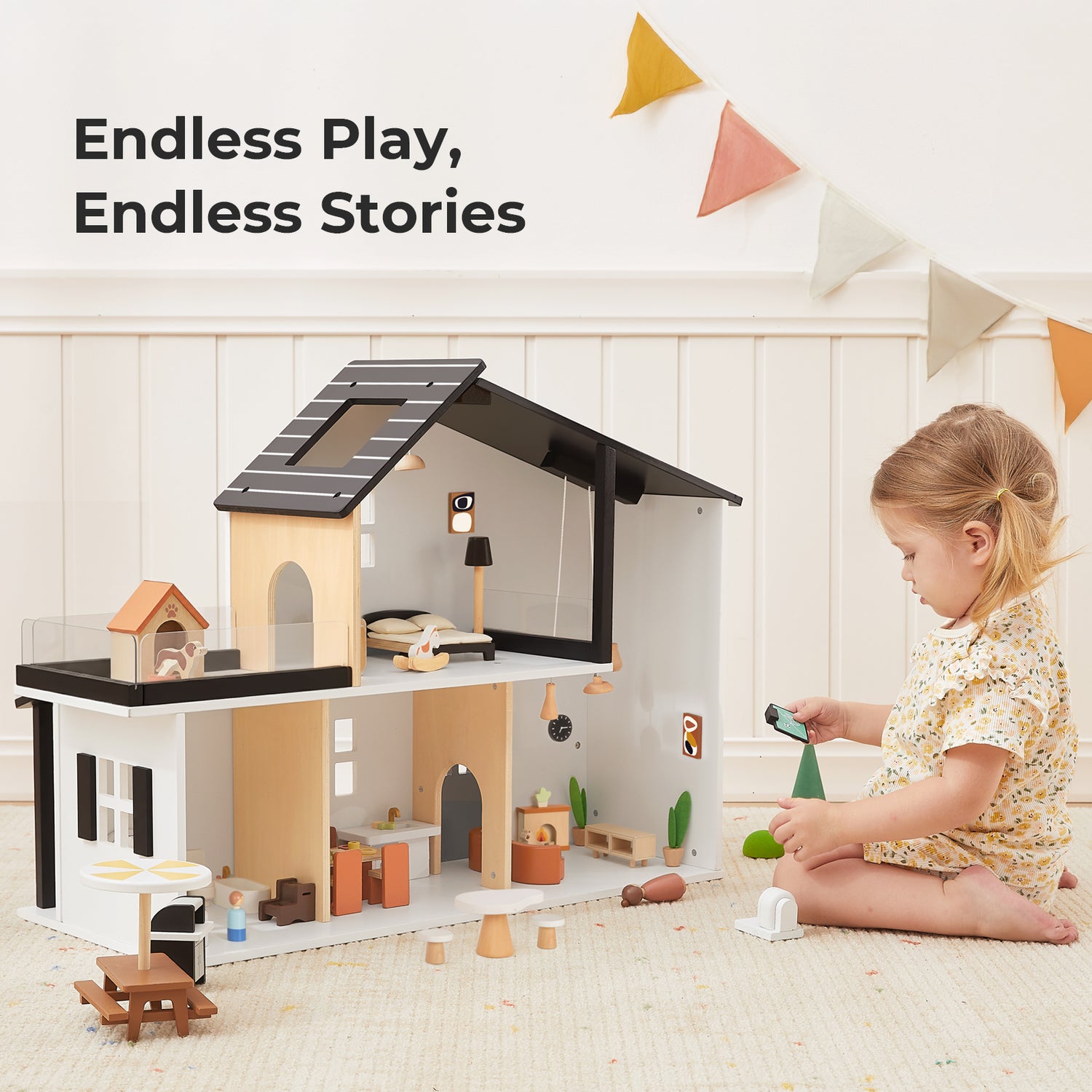 OOOK Wooden Dollhouse, Modern Doll House with 66Pcs Luxurious Furniture Accessories