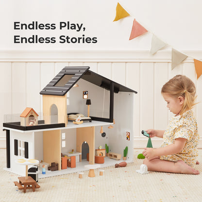 OOOK Wooden Dollhouse, Modern Doll House with 66Pcs Luxurious Furniture Accessories