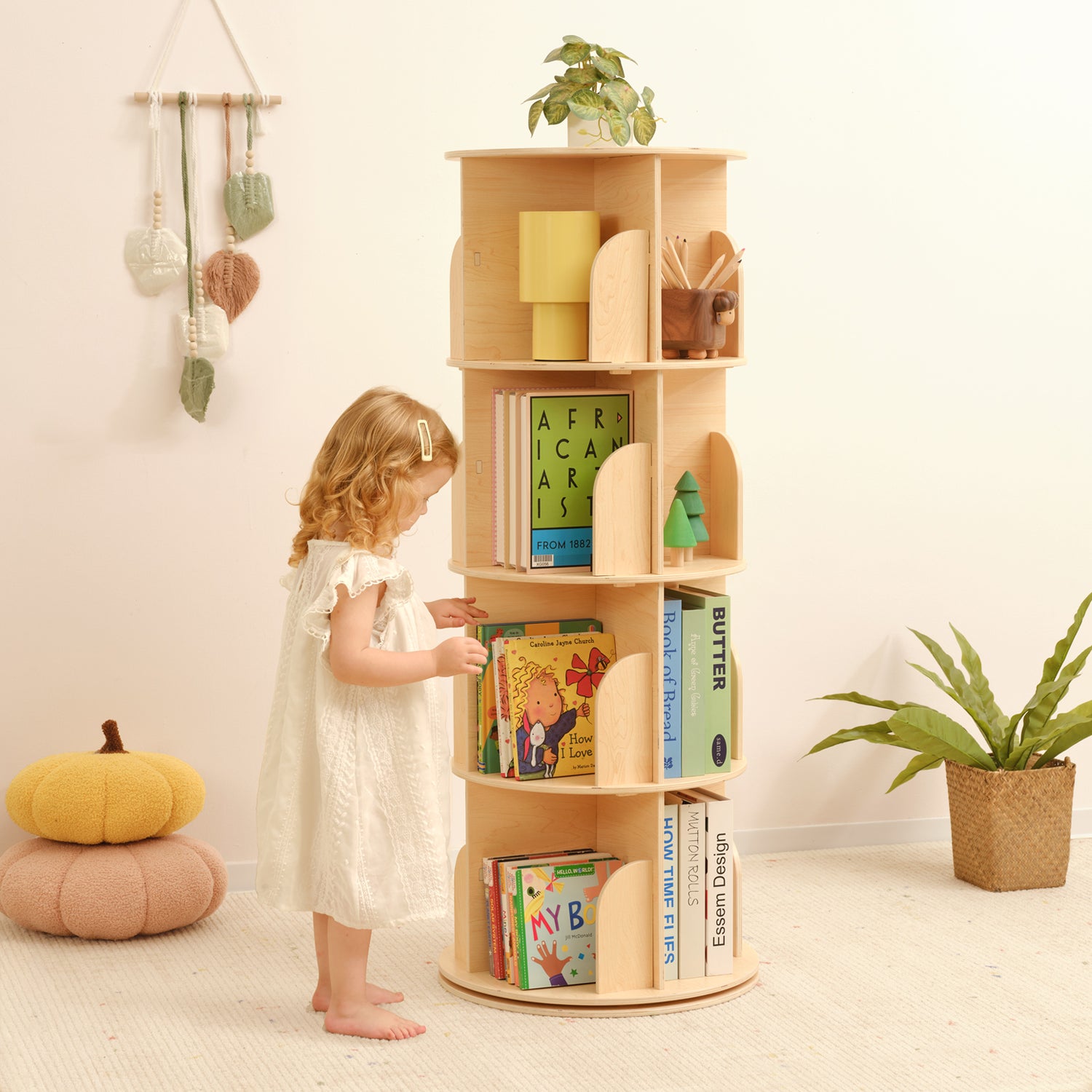 OOOK Plywood Wood Rotating Bookshelf for Kids, Spinning Bookshelf Tower