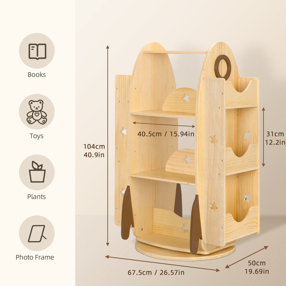 Rocket Rotating Bookshelf for Kids, 360 Display Spinning Bookshelf Tower