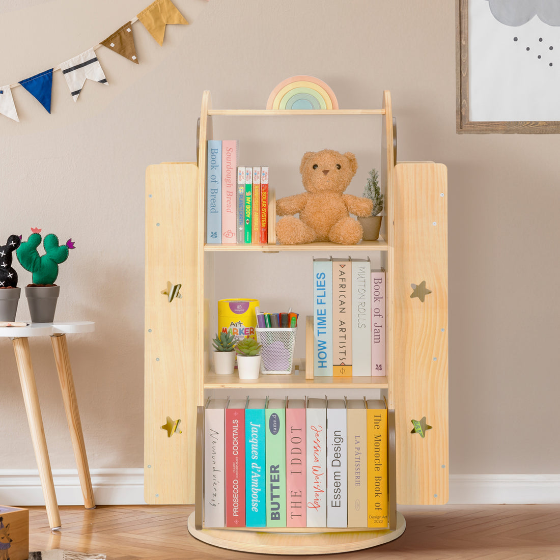 Rocket Rotating Bookshelf for Kids, 360 Display Spinning Bookshelf Tower