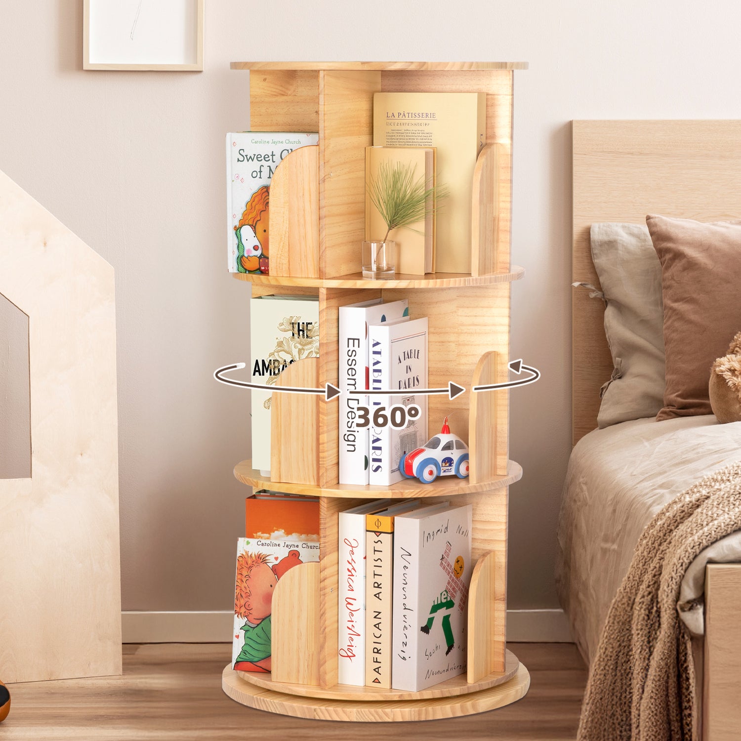 Solid Wood Rotating Bookshelf for Kids
