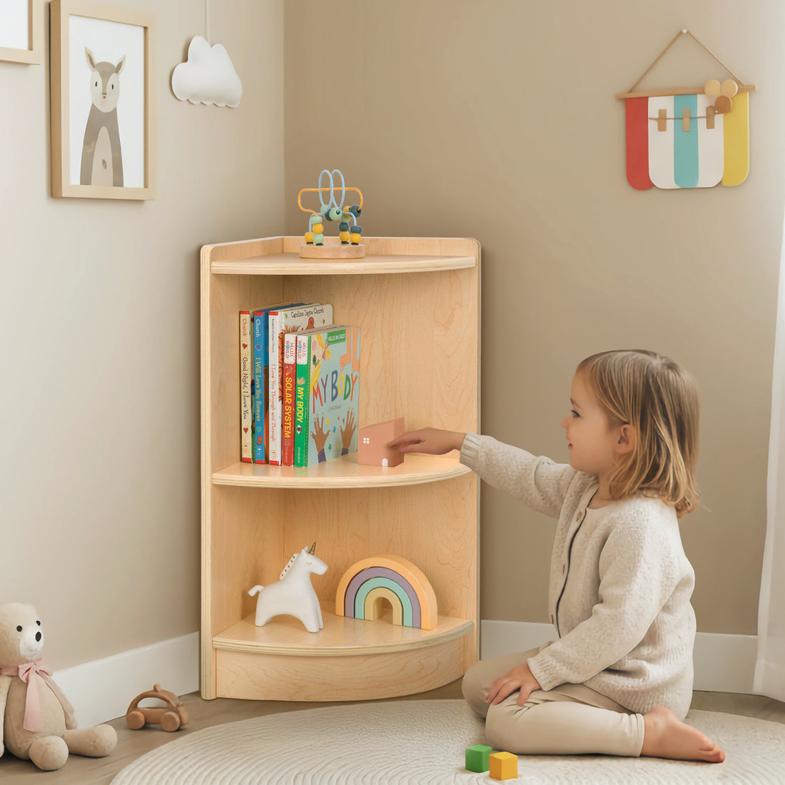 OOOK Plywood Corner Cabinet, 2-Tier Toy Organizers and Storage