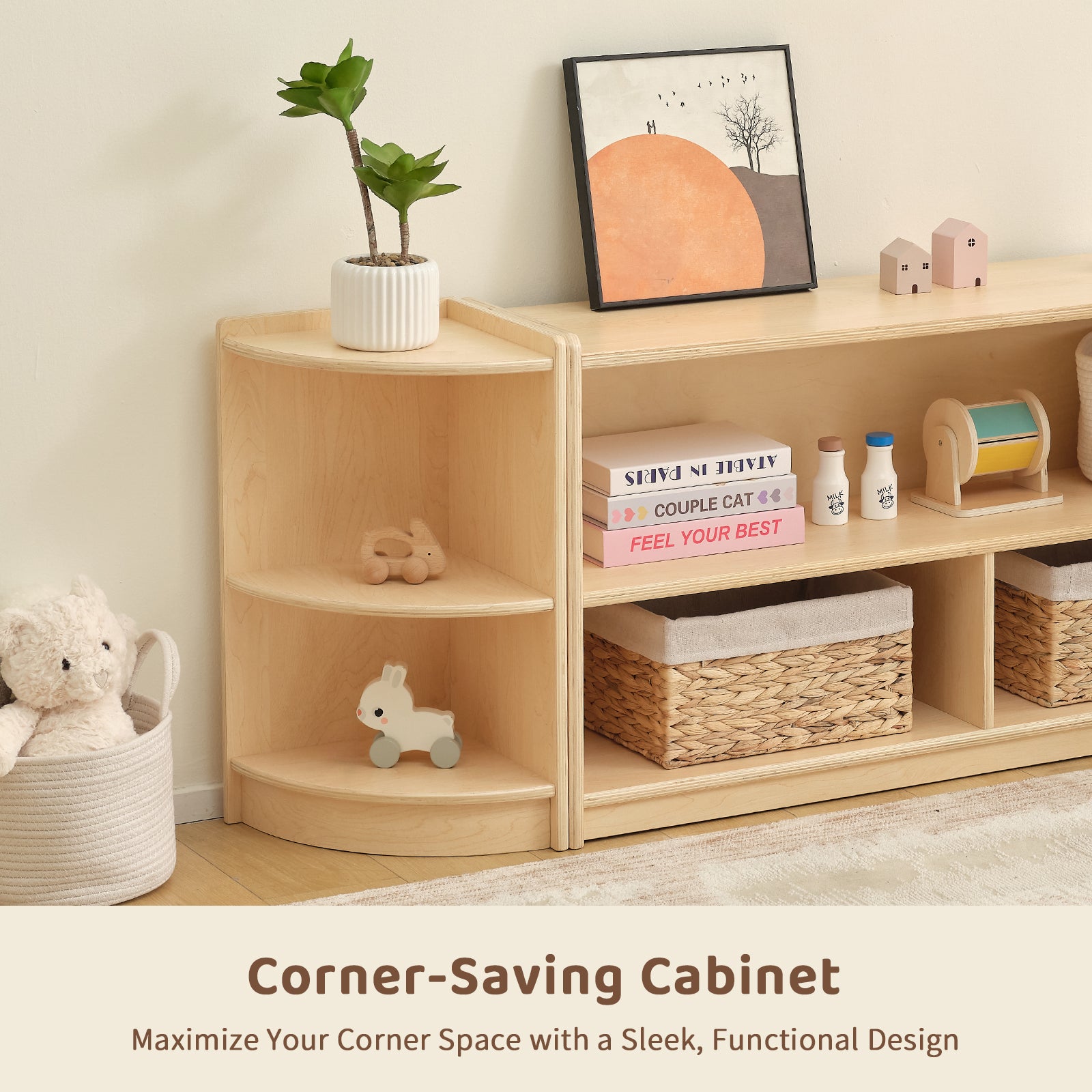 OOOK Plywood Corner Cabinet, 2-Tier Toy Organizers and Storage