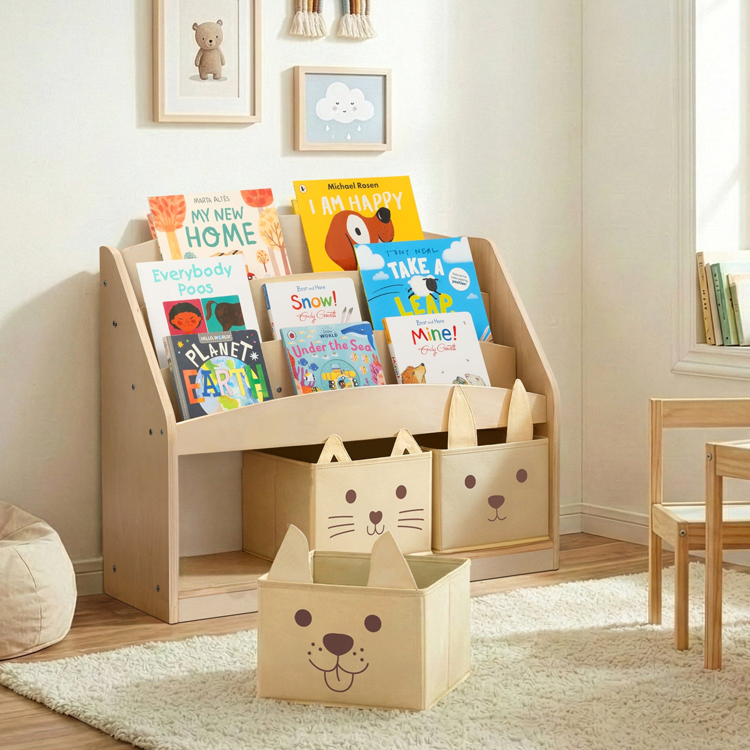OOOK 3-Tier Kids Bookshelf with 3 Removable Fabric Storage Bins