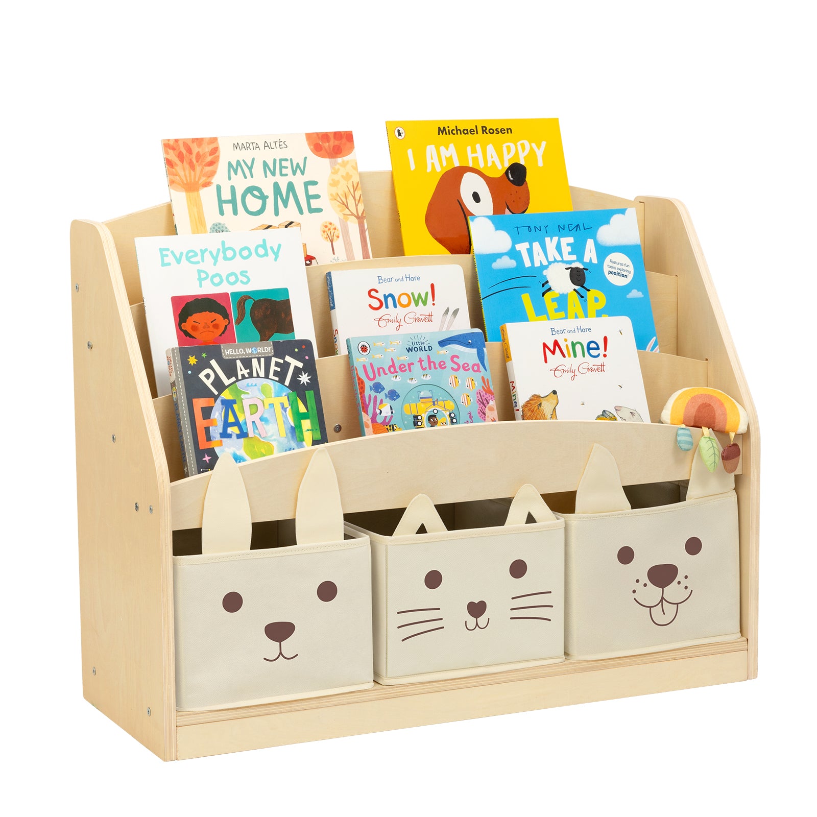 OOOK 3-Tier Kids Bookshelf with 3 Removable Fabric Storage Bins