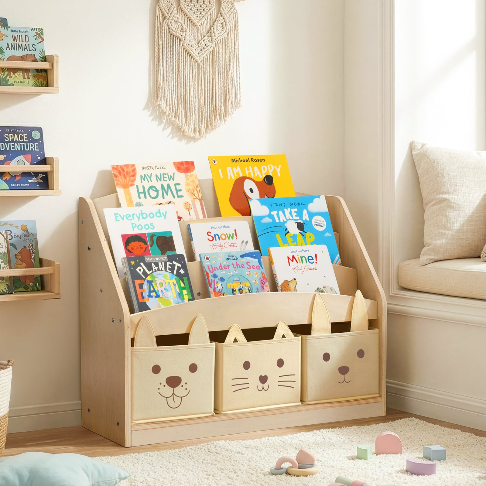OOOK 3-Tier Kids Bookshelf with 3 Removable Fabric Storage Bins