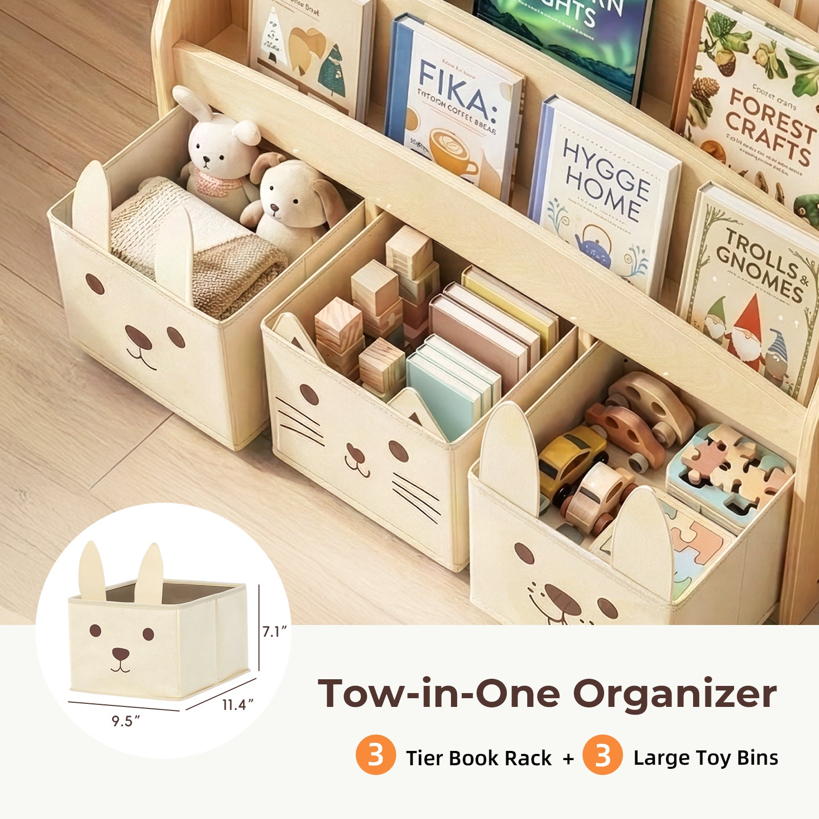 OOOK 3-Tier Kids Bookshelf with 3 Removable Fabric Storage Bins