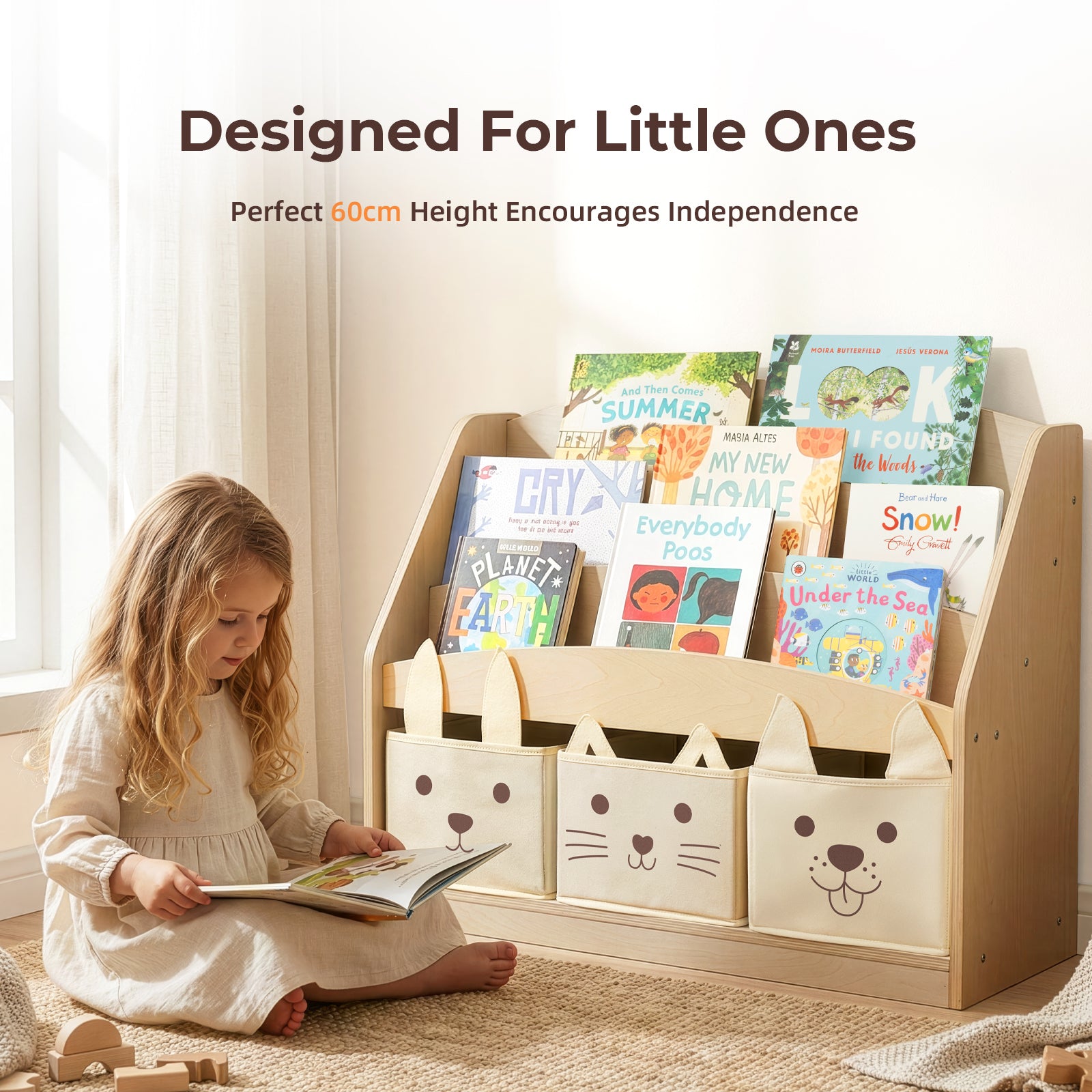 OOOK 3-Tier Kids Bookshelf with 3 Removable Fabric Storage Bins