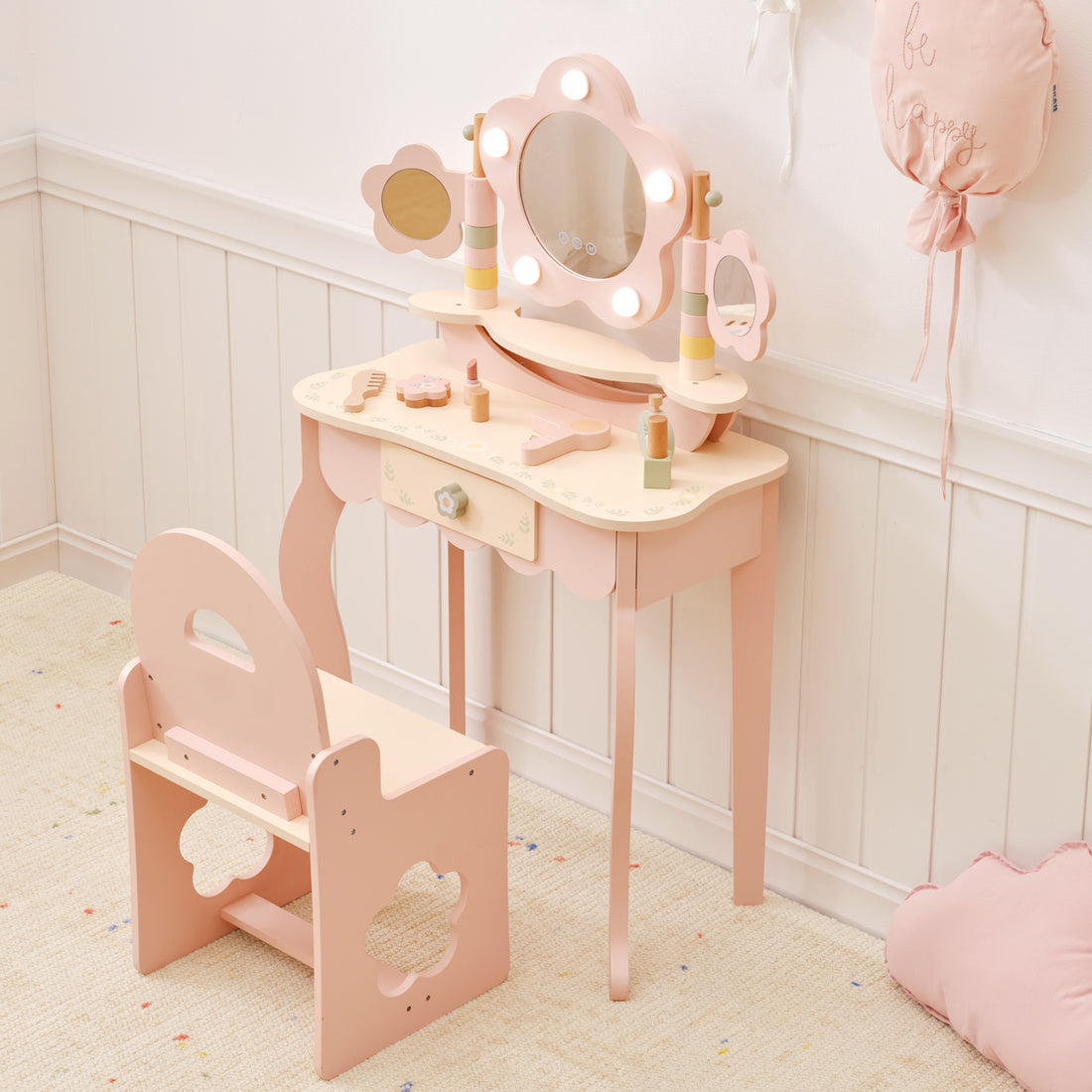 OOOK Kids Vanity Table and Chair Set with Lights, Makeup Vanities
